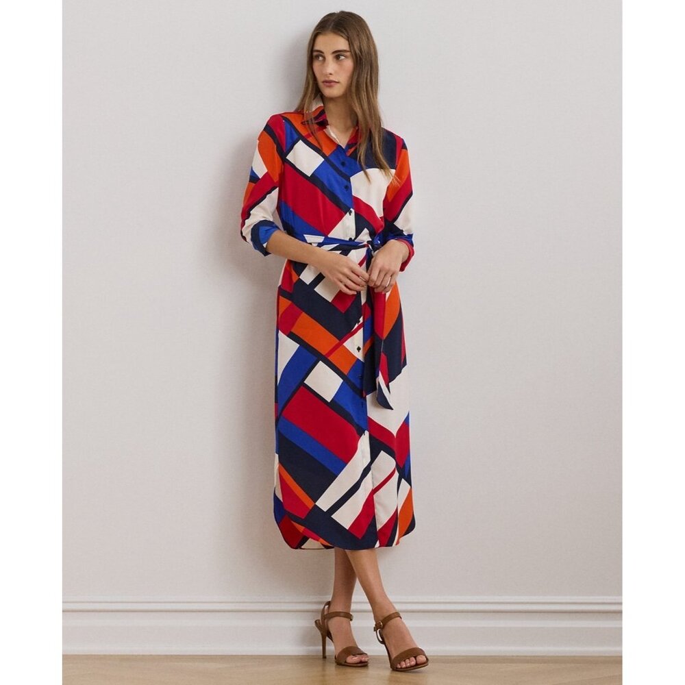 Lauren Ralph Lauren Petite Belted Printed Shirtdress Red Blue Size 8P MSRP $165